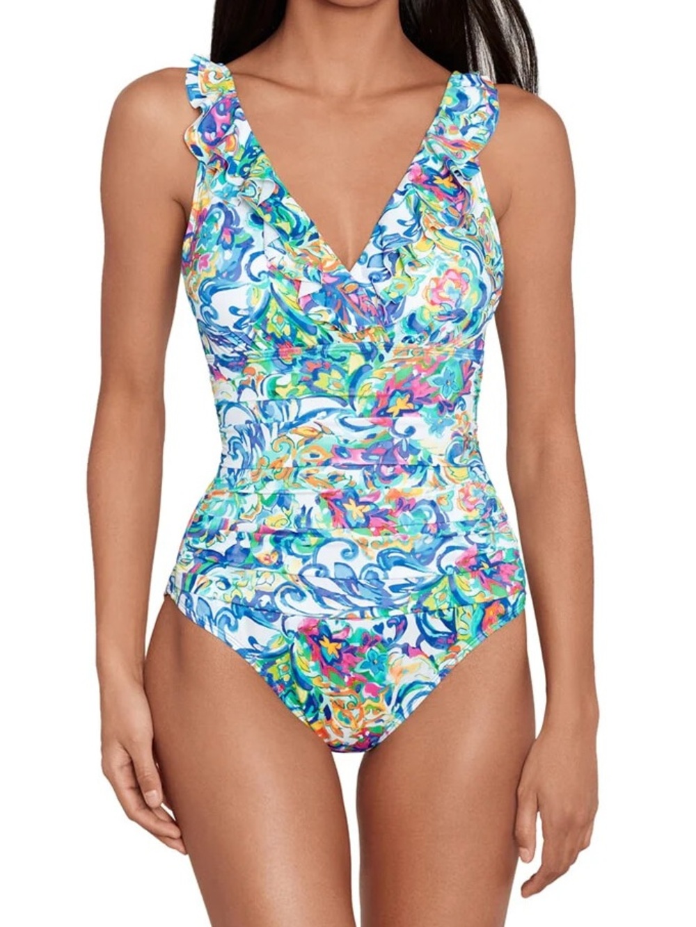 Ralph Lauren One Piece Swimsuit Floral Watercolor V Neck Ruffle Size 16